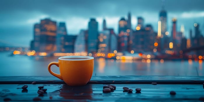 Cup of Coffee on the balcony with view on the city skyline