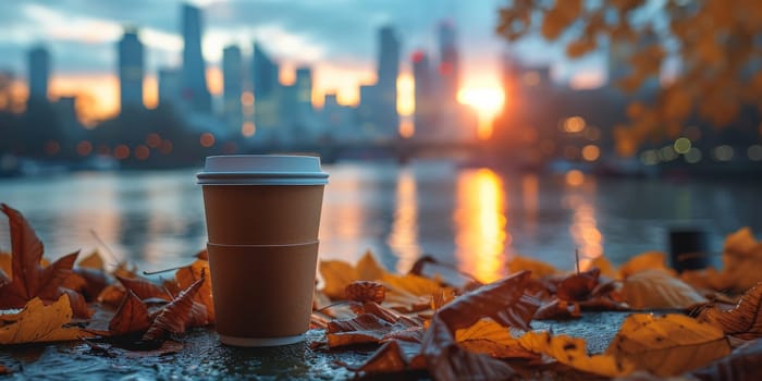 Cup of Coffee on the balcony with view on the city skyline