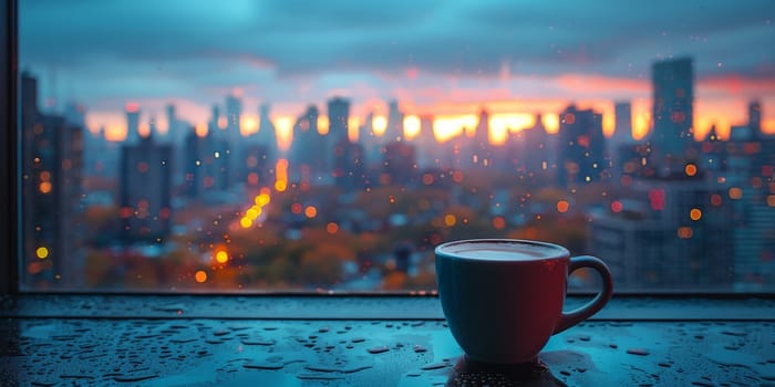 Cup of Coffee on the balcony with view on the city skyline
