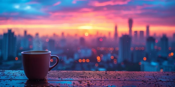 Cup of Coffee on the balcony with view on the city skyline