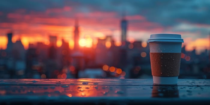 Cup of Coffee on the balcony with view on the city skyline