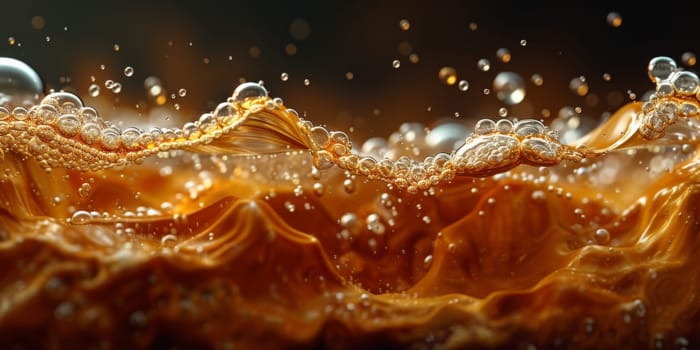 A close up, macro shot showing the bubbles and texture of a delicious, hot cup of brown coffee with a light layer of foam forming a pattern on top. Image has copy space.