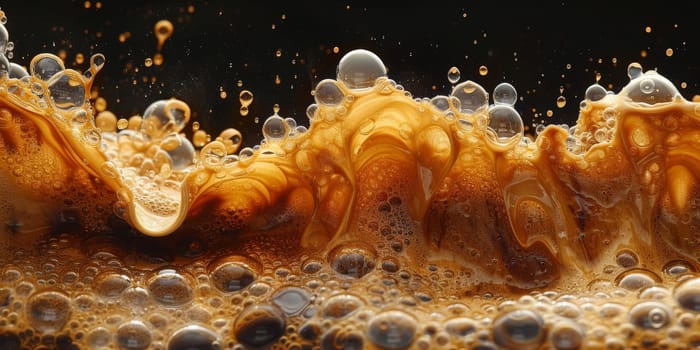 A close up, macro shot showing the bubbles and texture of a delicious, hot cup of brown coffee with a light layer of foam forming a pattern on top. Image has copy space.