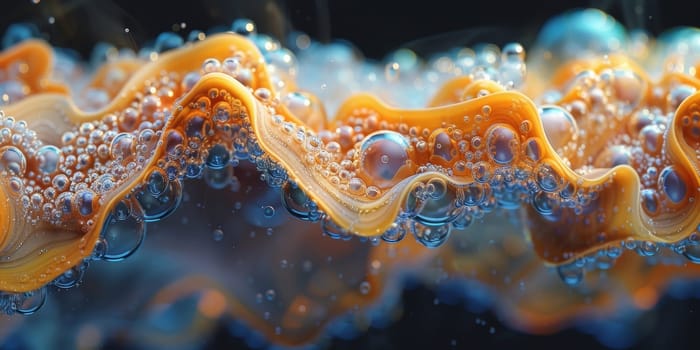 A close up, macro shot showing the bubbles and texture of a delicious, hot cup of brown coffee with a light layer of foam forming a pattern on top. Image has copy space.