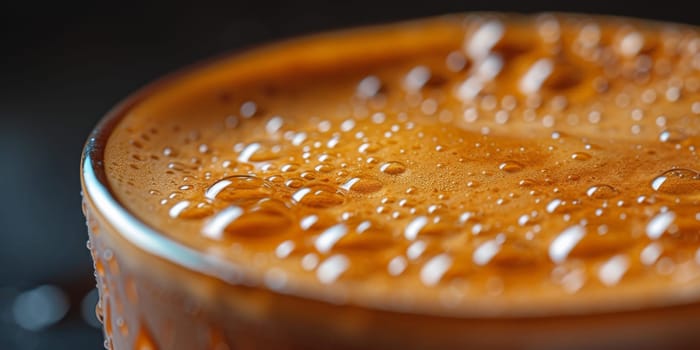 A close up, macro shot showing the bubbles and texture of a delicious, hot cup of brown coffee with a light layer of foam forming a pattern on top. Image has copy space.