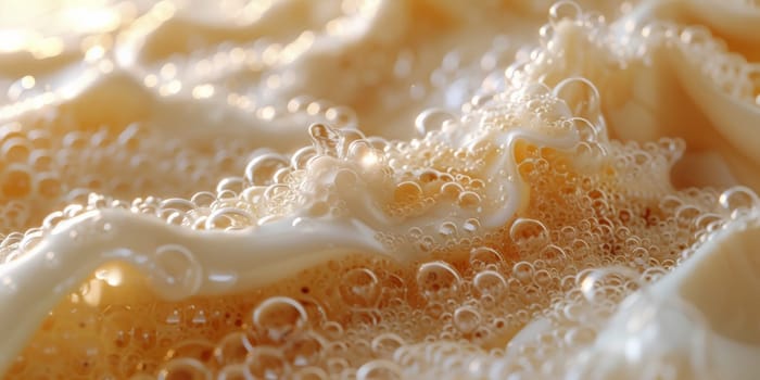 A close up, macro shot showing the bubbles and texture of a delicious, hot cup of brown coffee with a light layer of foam forming a pattern on top. Image has copy space.