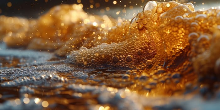 A close up, macro shot showing the bubbles and texture of a delicious, hot cup of brown coffee with a light layer of foam forming a pattern on top. Image has copy space.