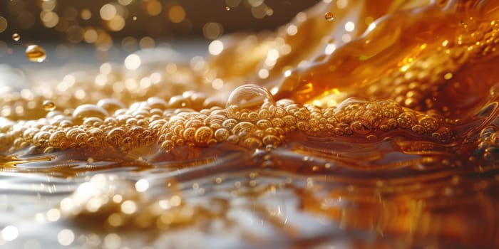 A close up, macro shot showing the bubbles and texture of a delicious, hot cup of brown coffee with a light layer of foam forming a pattern on top. Image has copy space.