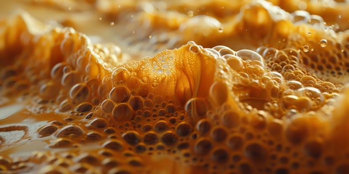 A close up, macro shot showing the bubbles and texture of a delicious, hot cup of brown coffee with a light layer of foam forming a pattern on top. Image has copy space.