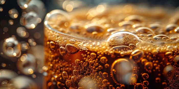 A close up, macro shot showing the bubbles and texture of a delicious, hot cup of brown coffee with a light layer of foam forming a pattern on top. Image has copy space.