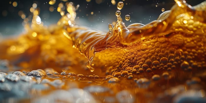 A close up, macro shot showing the bubbles and texture of a delicious, hot cup of brown coffee with a light layer of foam forming a pattern on top. Image has copy space.