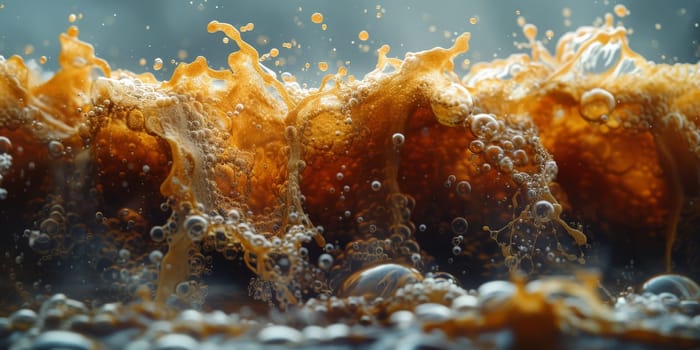 A close up, macro shot showing the bubbles and texture of a delicious, hot cup of brown coffee with a light layer of foam forming a pattern on top. Image has copy space.