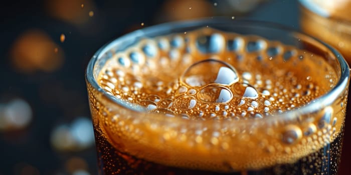 A close up, macro shot showing the bubbles and texture of a delicious, hot cup of brown coffee with a light layer of foam forming a pattern on top. Image has copy space.