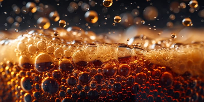 A close up, macro shot showing the bubbles and texture of a delicious, hot cup of brown coffee with a light layer of foam forming a pattern on top. Image has copy space.