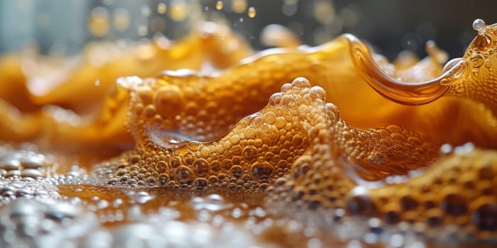 A close up, macro shot showing the bubbles and texture of a delicious, hot cup of brown coffee with a light layer of foam forming a pattern on top. Image has copy space.