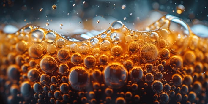 A close up, macro shot showing the bubbles and texture of a delicious, hot cup of brown coffee with a light layer of foam forming a pattern on top. Image has copy space.