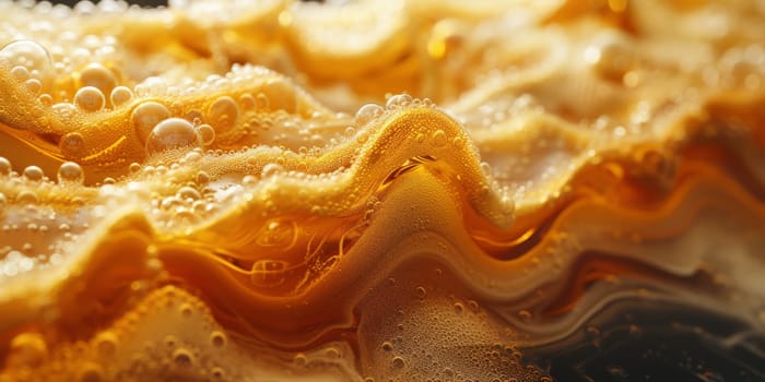 A close up, macro shot showing the bubbles and texture of a delicious, hot cup of brown coffee with a light layer of foam forming a pattern on top. Image has copy space.