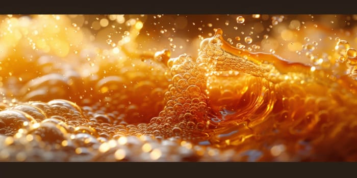 A close up, macro shot showing the bubbles and texture of a delicious, hot cup of brown coffee with a light layer of foam forming a pattern on top. Image has copy space.