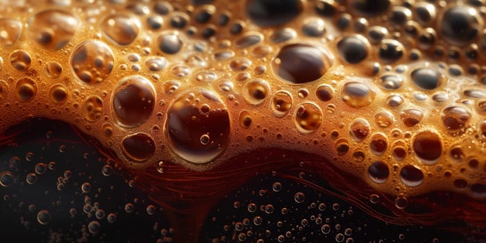 A close up, macro shot showing the bubbles and texture of a delicious, hot cup of brown coffee with a light layer of foam forming a pattern on top. Image has copy space.