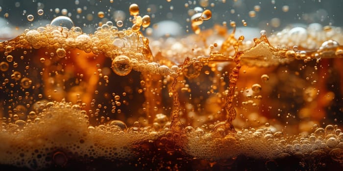 A close up, macro shot showing the bubbles and texture of a delicious, hot cup of brown coffee with a light layer of foam forming a pattern on top. Image has copy space.