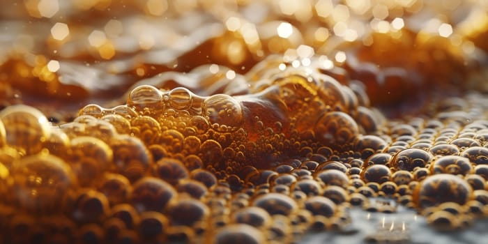 A close up, macro shot showing the bubbles and texture of a delicious, hot cup of brown coffee with a light layer of foam forming a pattern on top. Image has copy space.