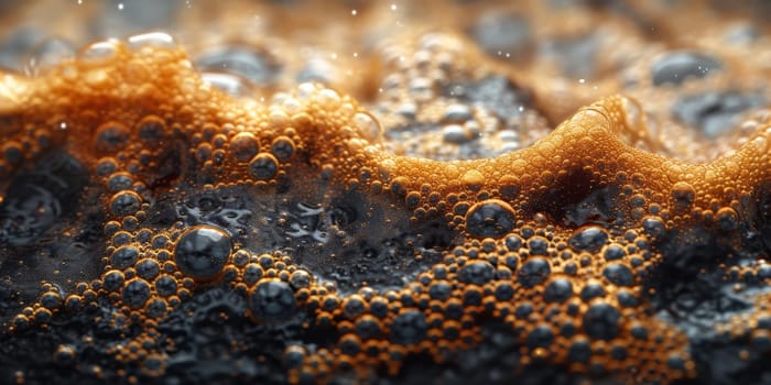 A close up, macro shot showing the bubbles and texture of a delicious, hot cup of brown coffee with a light layer of foam forming a pattern on top. Image has copy space.