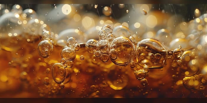 A close up, macro shot showing the bubbles and texture of a delicious, hot cup of brown coffee with a light layer of foam forming a pattern on top. Image has copy space.