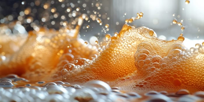 A close up, macro shot showing the bubbles and texture of a delicious, hot cup of brown coffee with a light layer of foam forming a pattern on top. Image has copy space.