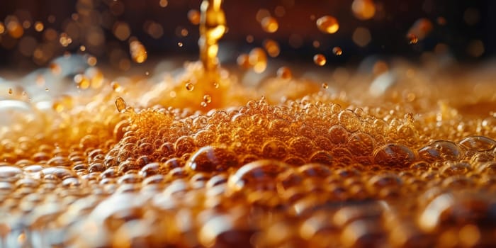 A close up, macro shot showing the bubbles and texture of a delicious, hot cup of brown coffee with a light layer of foam forming a pattern on top. Image has copy space.