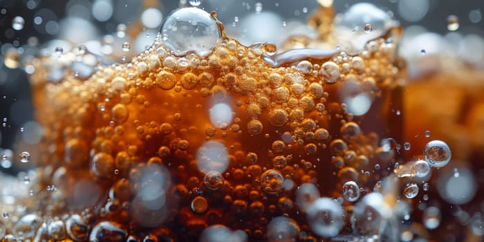 A close up, macro shot showing the bubbles and texture of a delicious, hot cup of brown coffee with a light layer of foam forming a pattern on top. Image has copy space.