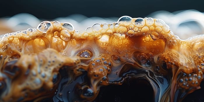 A close up, macro shot showing the bubbles and texture of a delicious, hot cup of brown coffee with a light layer of foam forming a pattern on top. Image has copy space.