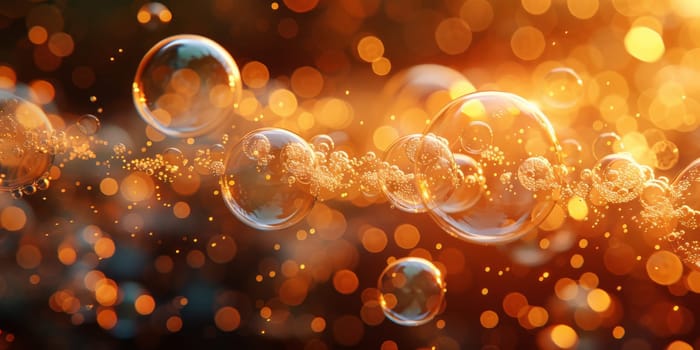 A close up, macro shot showing the bubbles and texture of a delicious, hot cup of brown coffee with a light layer of foam forming a pattern on top. Image has copy space.