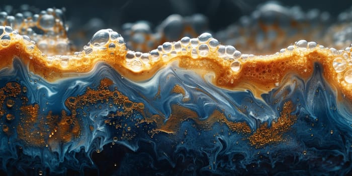 A close up, macro shot showing the bubbles and texture of a delicious, hot cup of brown coffee with a light layer of foam forming a pattern on top. Image has copy space.