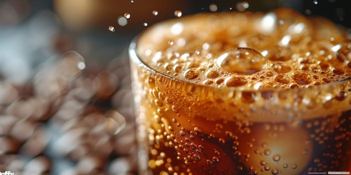 A close up, macro shot showing the bubbles and texture of a delicious, hot cup of brown coffee with a light layer of foam forming a pattern on top. Image has copy space.