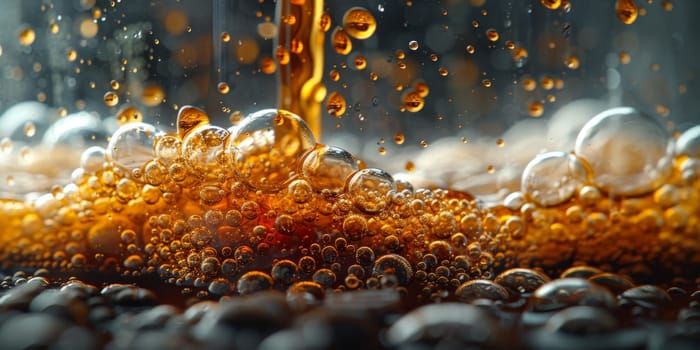 A close up, macro shot showing the bubbles and texture of a delicious, hot cup of brown coffee with a light layer of foam forming a pattern on top. Image has copy space.