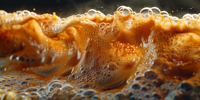 A close up, macro shot showing the bubbles and texture of a delicious, hot cup of brown coffee with a light layer of foam forming a pattern on top. Image has copy space.