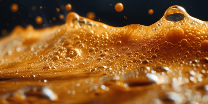 A close up, macro shot showing the bubbles and texture of a delicious, hot cup of brown coffee with a light layer of foam forming a pattern on top. Image has copy space.