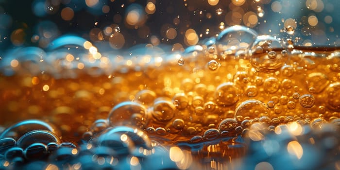 A close up, macro shot showing the bubbles and texture of a delicious, hot cup of brown coffee with a light layer of foam forming a pattern on top. Image has copy space.