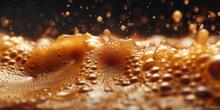 A close up, macro shot showing the bubbles and texture of a delicious, hot cup of brown coffee with a light layer of foam forming a pattern on top. Image has copy space.