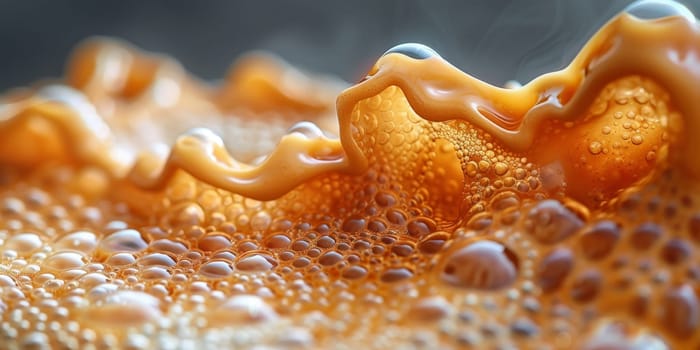 A close up, macro shot showing the bubbles and texture of a delicious, hot cup of brown coffee with a light layer of foam forming a pattern on top. Image has copy space.