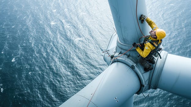 A team is constructing a wind turbine in the ocean, blending water, wind, and adventure to generate sustainable energy. AIG41