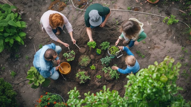 A woman and girls are leisurely planting hair, plants, and houseplants in flowerpots on the grassy garden, sharing the joy of terrestrial plant adaptation. AIG41