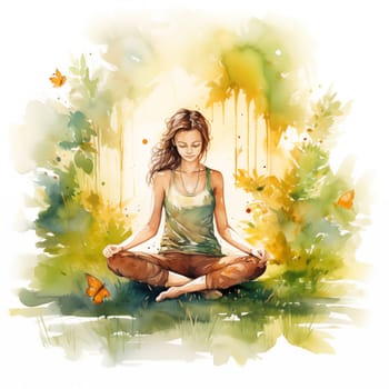 Serene young woman meditates, sitting cross-legged in a park, surrounded by lush greenery. Watercolor painting on a white background, capturing the tranquil essence of mindfulness and nature.