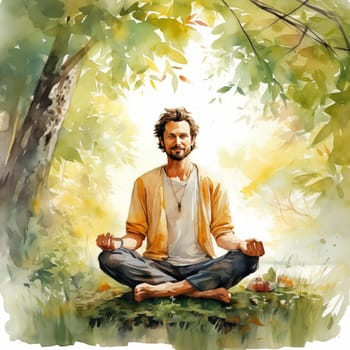 A happy adult man in meditation is sitting cross-legged on the grass among the trees. Summer, watercolor. The illustration evokes calmness and connection with nature.