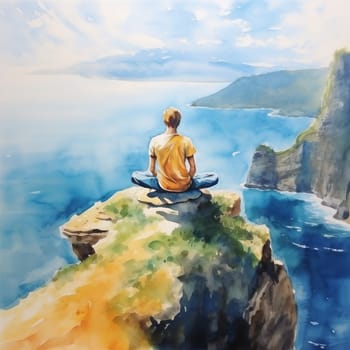 A young man meditate on a cliff edge, legs crossed, overlooking serene seascape with blue waters, cliffs, and clouds. Serenity amidst nature's beauty. Watercolor illustration.