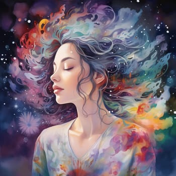 A girl meditating with flowing hair and closed eyes against a cosmic background with nebulae. Close-up. A vibrant illustration capturing the serenity of meditation amidst the wonders of the universe.