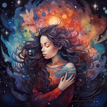 A meditating girl with closed eyes and flowing hair, set against a cosmic background with nebulae, sun. A colorful scene capturing the essence of meditation and cosmic beauty. Vivid stock illustration
