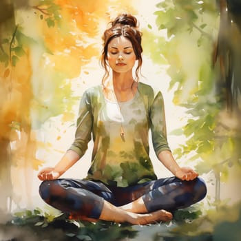 A girl sitting on the grass in nature, with her eyes closed in meditation, surrounded by trees. Summer, captured in watercolor, evokes tranquility and connection with nature.