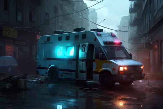 Ambulance destroyed cyberpank. Urban vehicle. Generate AI