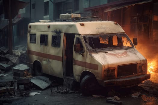 Ambulance fire destroyed. Urban conflict. Generate Ai